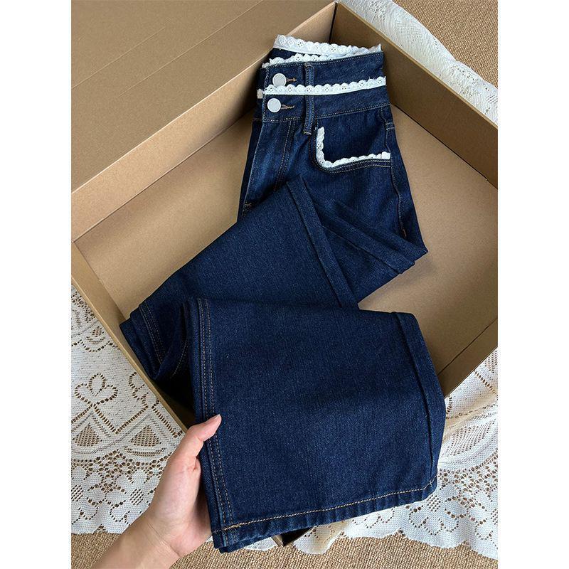 Dark Blue Lace Waist Women's Jeans - Retro Slim Fit, Loose Straight Trousers for Autumn