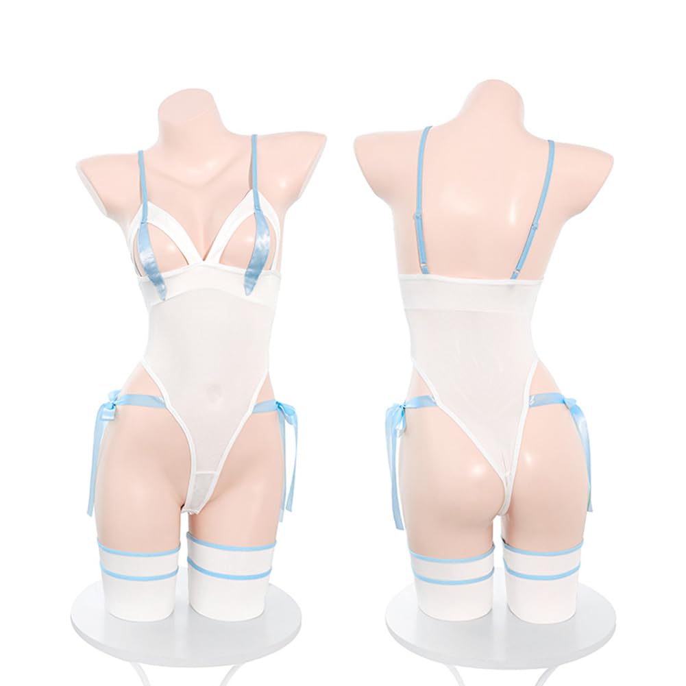 Cat Woman Cosplay Stockings 7 Piece Set Leotard Open Crotch Bodycon White One Size [SENMHS] [Headband, Choker, Leotard, Gloves2, Included, Tail]