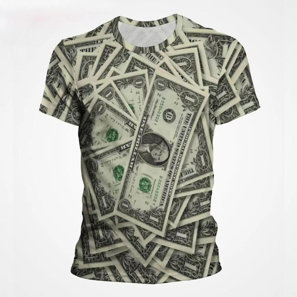 Summer Men's Round Neck Short Sleeved T-shirt Comfortable Fashionable Breathable Sweat Absorbing Money Pattern 3D Printed Loose Large T-shirt