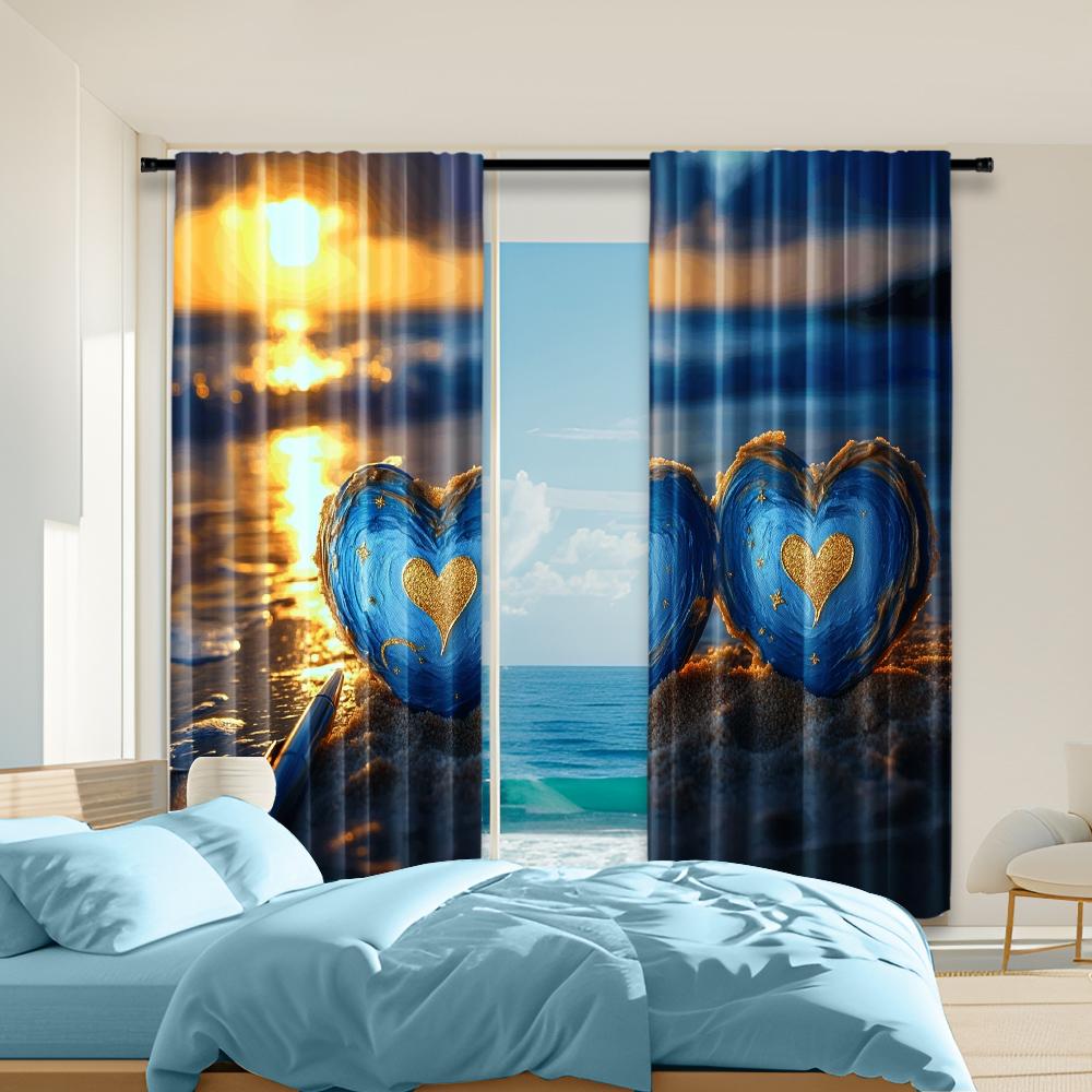 

Set Of 2 Versatile Polyester Transparent Curtains Home Decoration Love Heart Seaside Moon Use Bedrooms Living Rooms Curtain For Room Made W100*H70(CM)-Hooks&2PCS