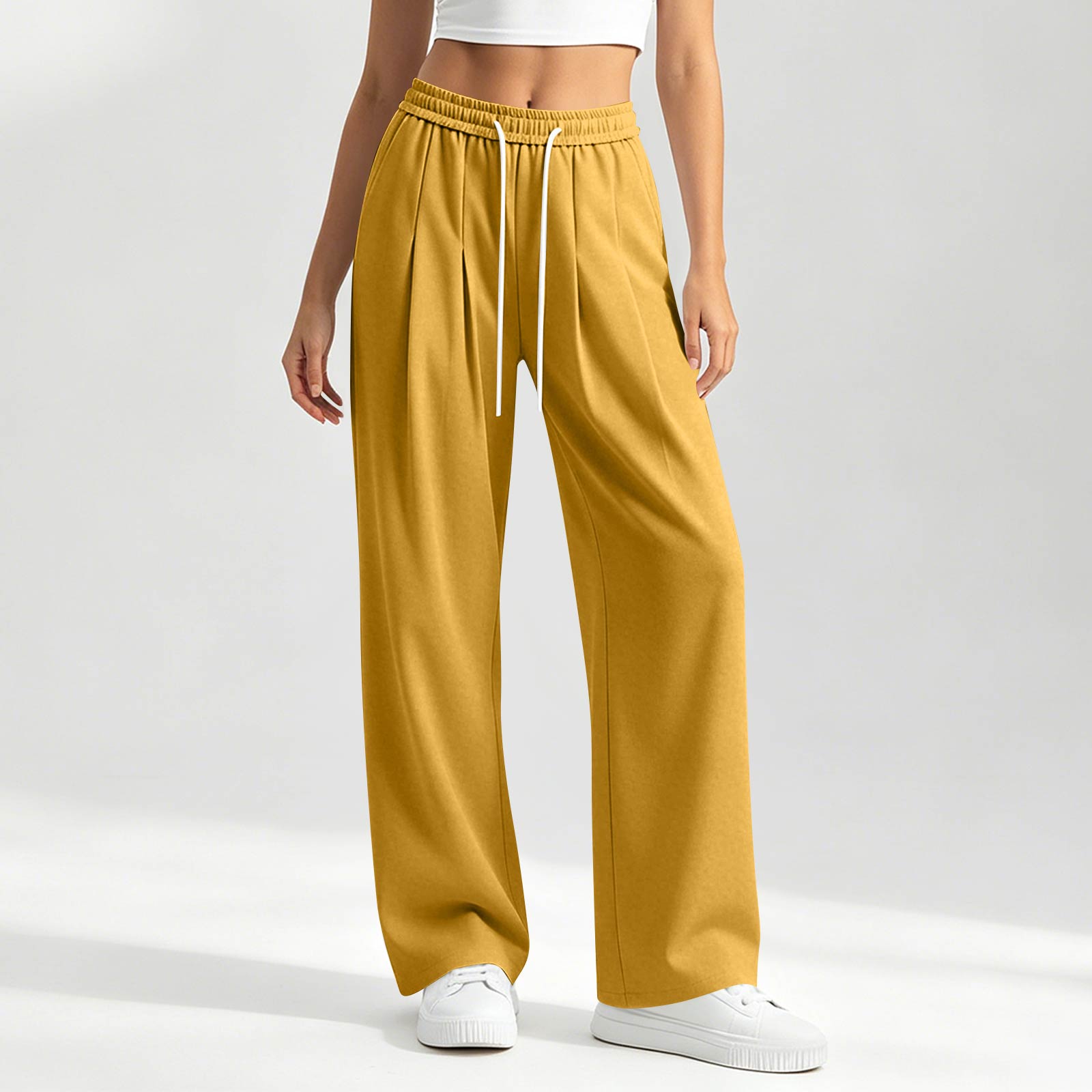 Women’s Drawstring Waist Wide Leg Pants Loose Fit Trousers Casual Straight Leg High Waist Lightweight Lounge Bottoms L