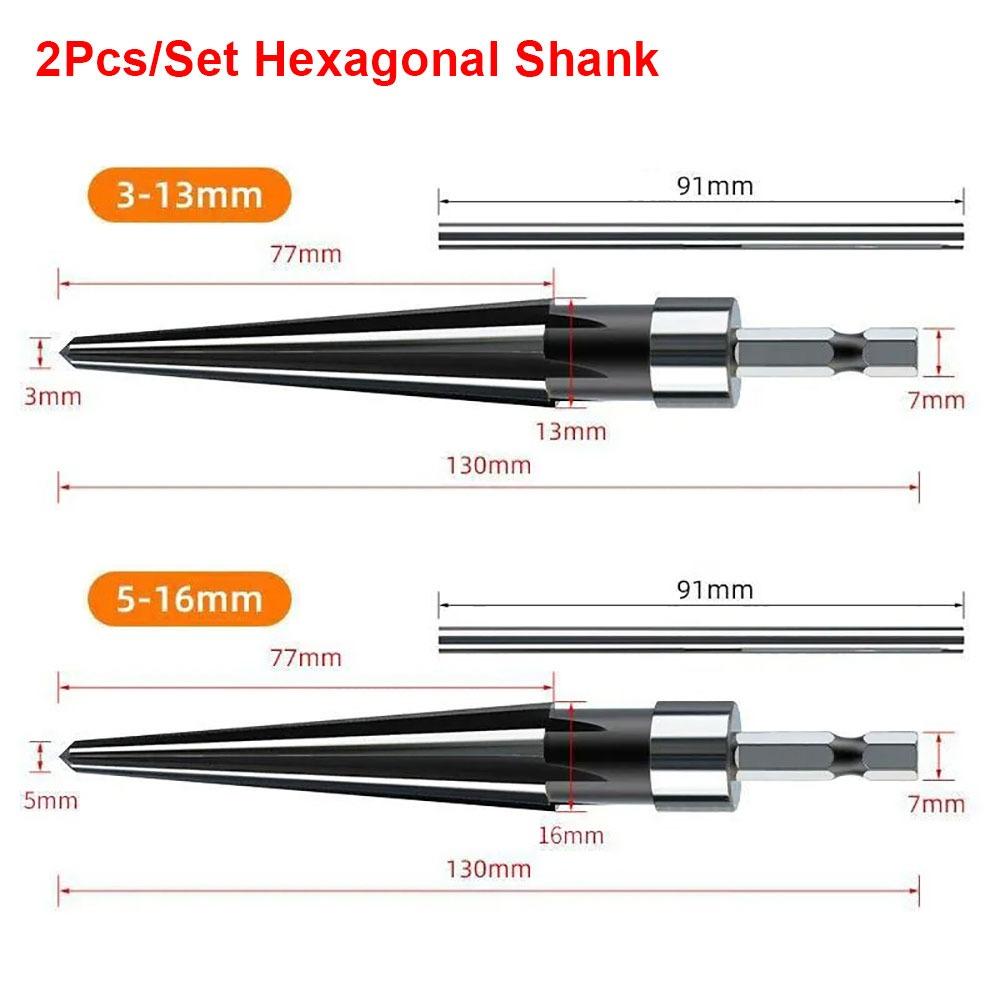 

2Pcs/Set Carbon Steel Tapered Reamer Tool Hexagonal Shank 3-13mm 5-16mm Chamfer Taper Reamer Set Metal Round Shank Hole Opener