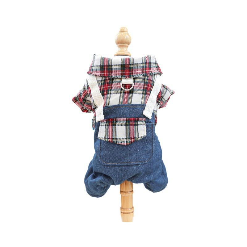 Pet Winter Warm Cotton Outfit Dogs Cats Red Plaid Suspender Pants Soft Fleece Lined Casual Wear