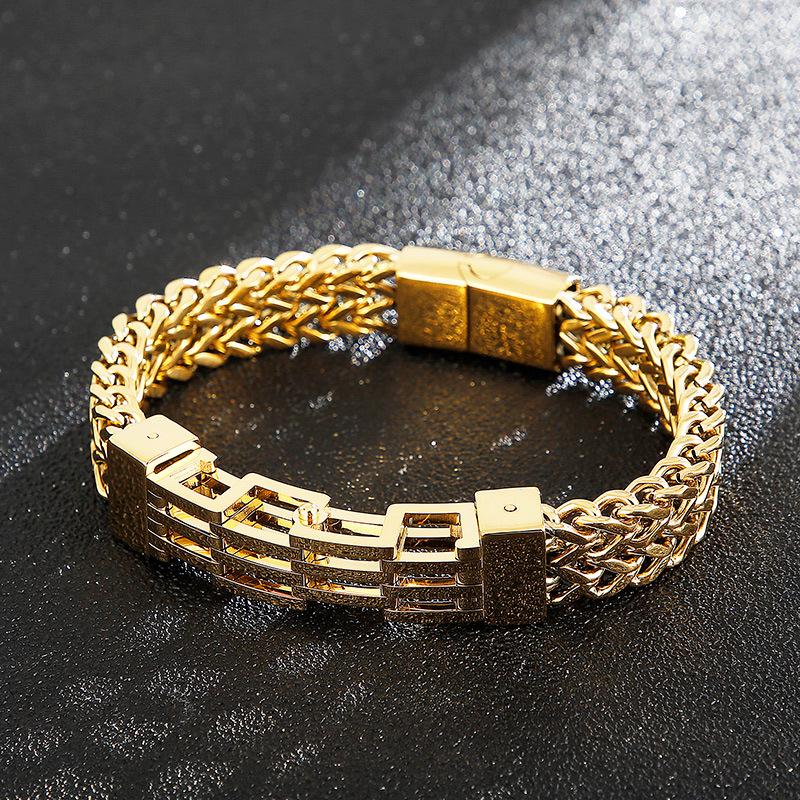 Men's Fashion Double-Layer Square Chain Titanium Steel Bracelet with Magnetic Clasp