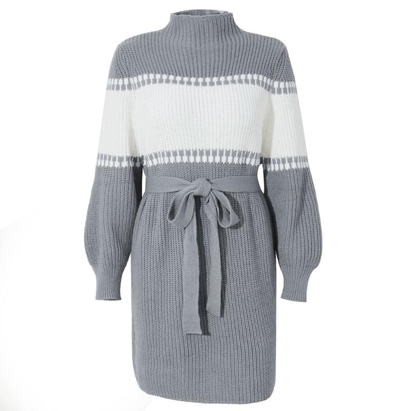 Spring Fall Patchwork Above Knee Mini Knitting Sweater Dress Women Casual Straight Half High Collar Full Lantern Sleeve Loose Waist Bandage S-XL