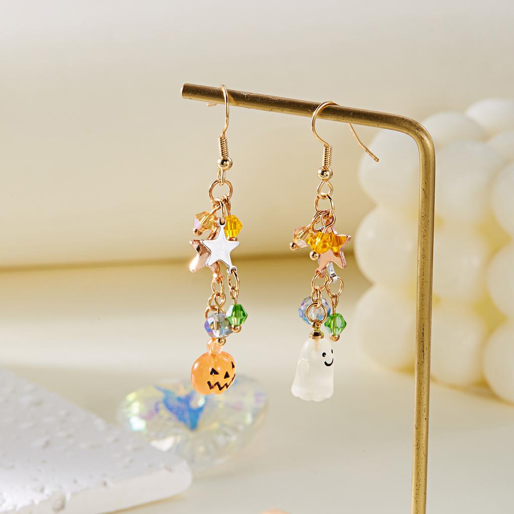 Cute Cartoon Ghost Pumpkin Dangle Earrings for Women Handmade Crystal Star Tassel Piercing Earring Halloween Party Jewelry Gift