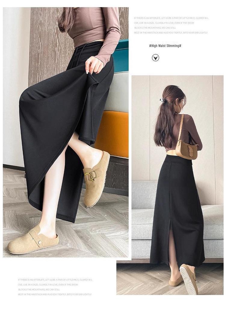 New 2025 Slimming Black High-Waisted A-Line Midi Skirt for Women - Early Autumn Versatile, Lazy Style