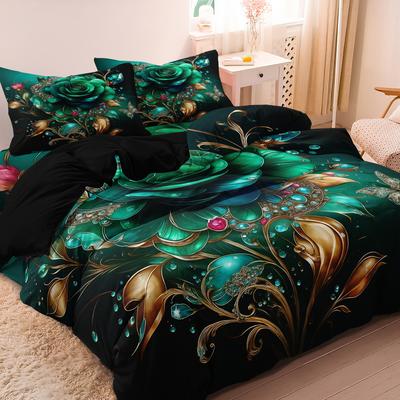 3-delige Smaragdgroene & Gouden Bloemige Rozen Beddengoedset - Luxe Vintage Bloemendruk Dekbedovertrek Met 1* Dekbedovertrek + 2* Kussensloop