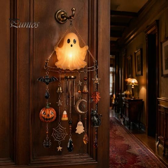 Luminous Wind Chime Halloween Ghost Chime, Glow-in-The-Dark Hanging Ornament with Pumpkin Bat Spooky Patio Decorations Spider Charms, Rustproof Metal
