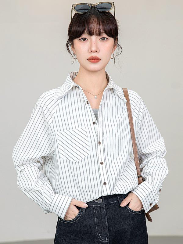 

French Stripe Long-Sleeve Autumn Slimming Shirt Medium