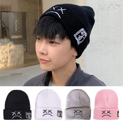 Winter Women Embroidery Knitting Hat Sad Expression Pattern Beanie Hat Hip Hop Style Women Men Warm Woolen Hat