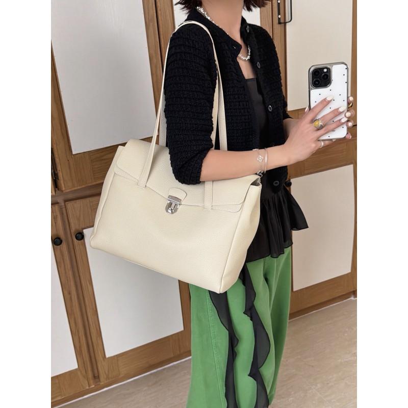 Vintage-Style Leather Tote Bag Women Large Capacity Shoulder Flap Soft Full-Grain Cowhide Daily Commute Casual
