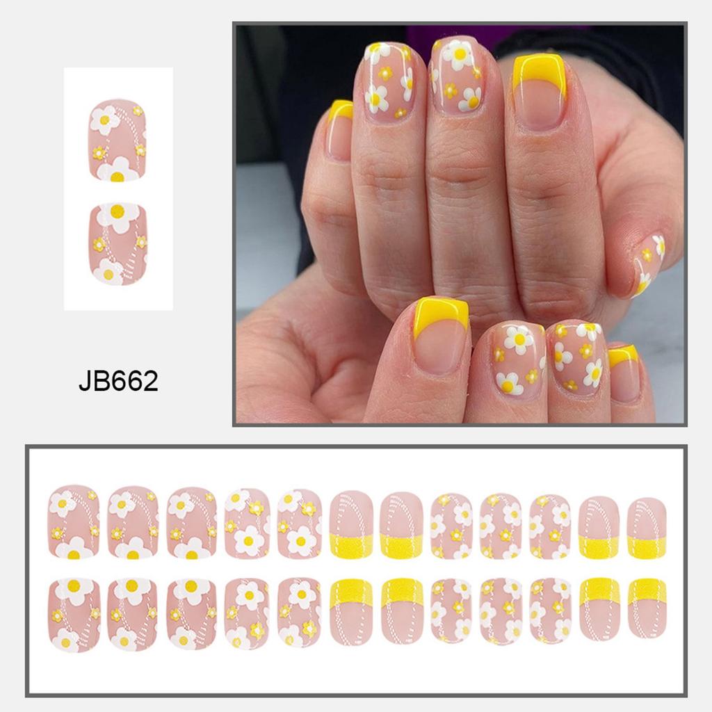 24 Stück Gelbe French Tip Aufklebenagel Kurz Quadratisch Falscher Nagel Blumen Acrylnagel Schlicht Vollständige Abdeckung Aufklebenagel