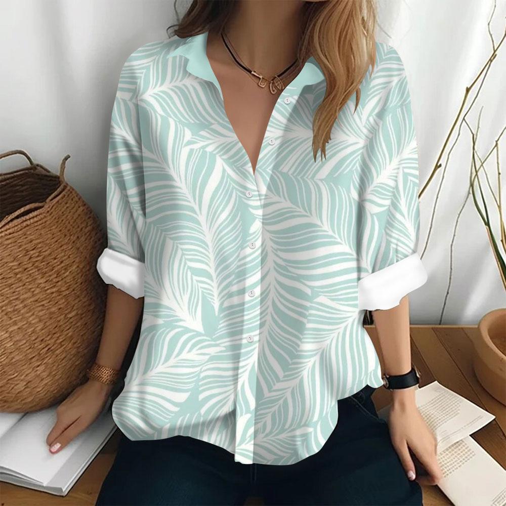 Women's Fashion Shirt Bottom Casual T-shirt Loose Lapel Top Long Sleeved Button Printed Clothing Party Elegant Women's Shirt