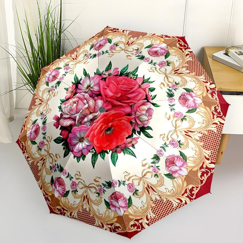 Rose Bright Flowers Automatic Umbrella, Compact Design with 8 Ribs,  Outdoor Leisure and Daily Use-ideal Gift