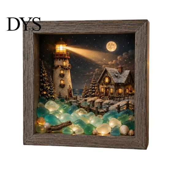 3D Winter Miniature Christmas Snowy Night Light Picture Frame, Vintage Wooden Frame Mini Cabin Ornament Landscape Lamp, Desktop Atmosphere Decor