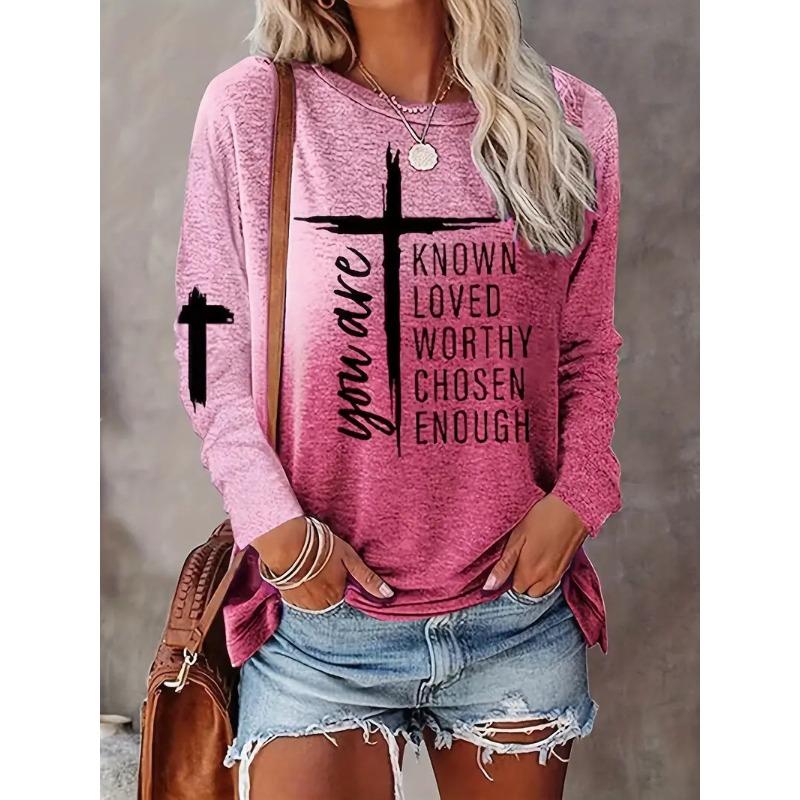 Cross Letter Printed Long Sleeved T-shirts for Women's Casual Multi-color Top