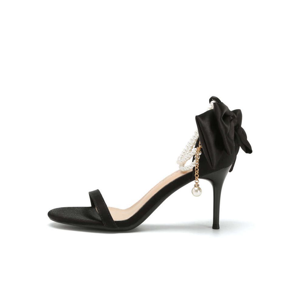 Pearl chain new sandals bow satin banquet wedding shoes high heels