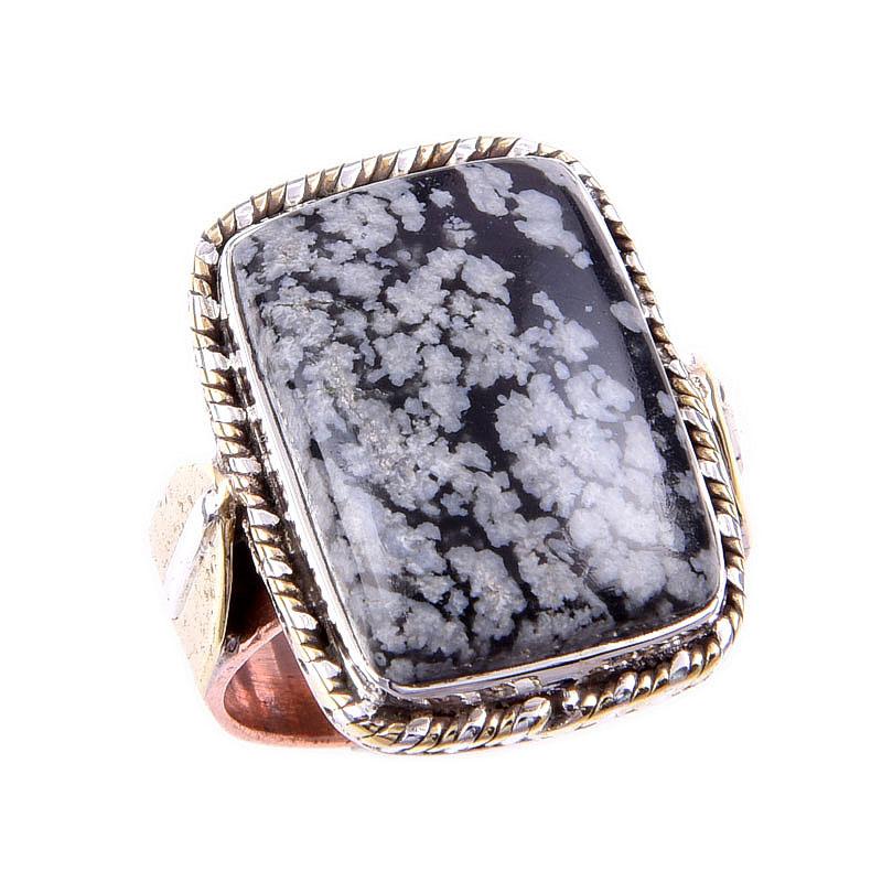 Pierre Gemme Obsidienne Flocon de Neige Naturelle Argent Massif 925 Bague Bicolore T.6.5US Y3Y06