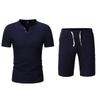 Mens Solid Color Linen Short Sleeve Shorts Casual Two Piece Set