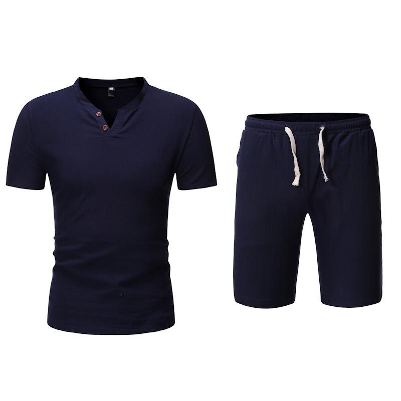 Mens Solid Color Linen Short Sleeve Shorts Casual Two Piece Set