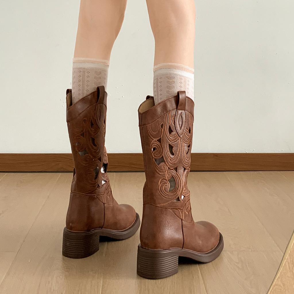 Maillard thick heel western cowboy boots women's retro knight boots 2025 new summer thin hollow long boots