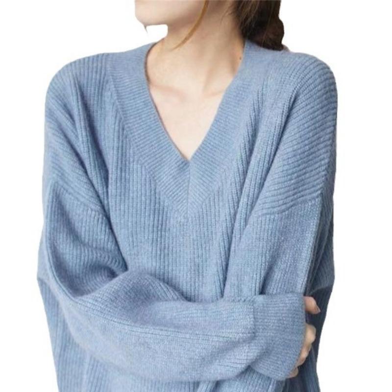 Loose and Lazy Wind V-neck Knitted Sweater Women's Autumn and Winter Thickened High-end Soft Waxy Sweater Bottoming Shirt Top