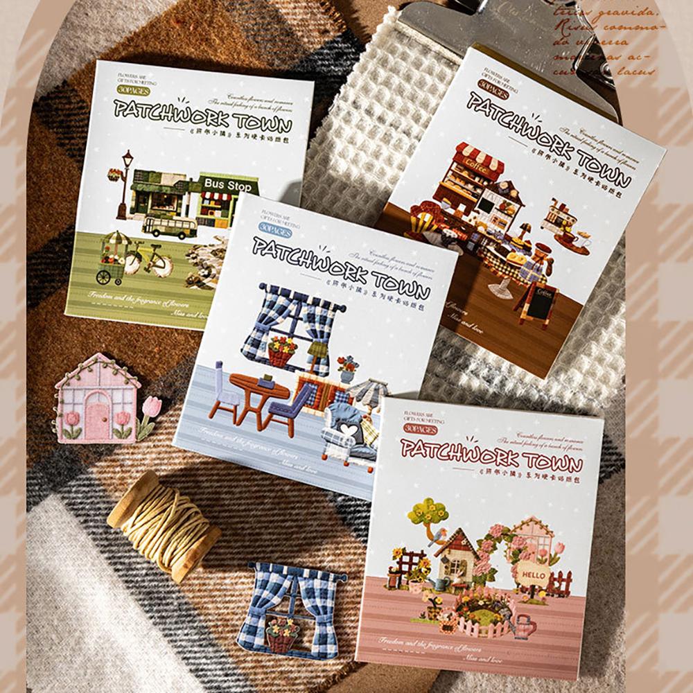 Hard card sticker pack, 4 styles of patchwork town series, DIY collage with fabric texture theme, student ledger decoration