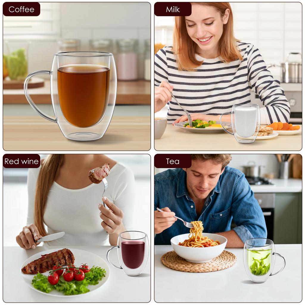 Glass Coffee Mug 12oz Double Wall Glass Coffee Cup with Handle Set of 4 Insulated Mug Milk Tea Latte Espresso Cup Water Cup