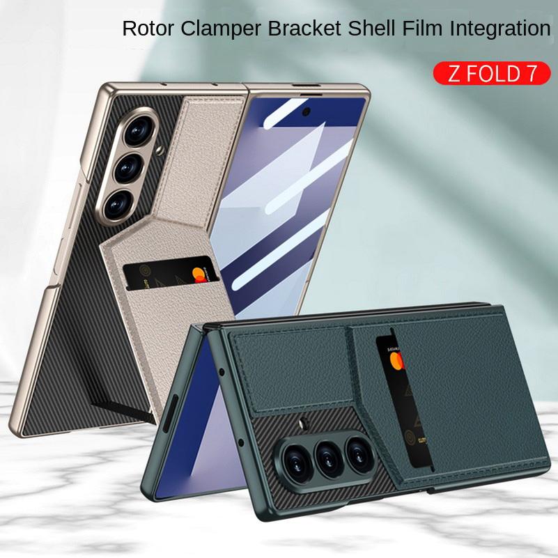 Leather Stand Holder with Credit Card Slot Glass Protector Phone Case for Samsung Z Fold 7 Galaxy Z Fold7 Lens Protect Cover