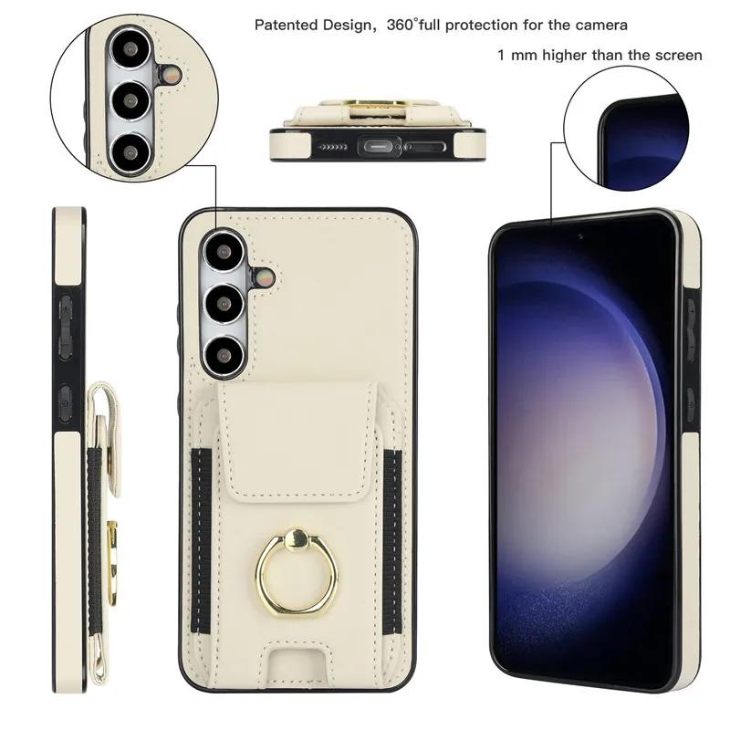 Ring Leather Wallet Card Phone Case for Samsung Galaxy S25 Edge S24 Ultra S23 Plus S22 S21 FE Note 20 10 Flip Stand Cover