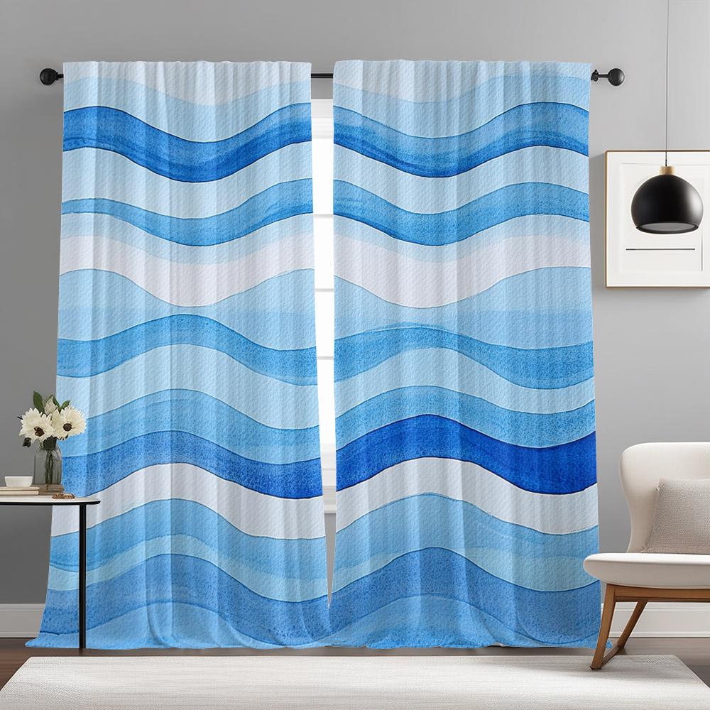 Blaue Aquarellwellen-Vorhänge Set of 2 – Weiche Farbverlaufstreifen, Minimalistisches Design, Stangentasche Lichtfilternde Vorhänge