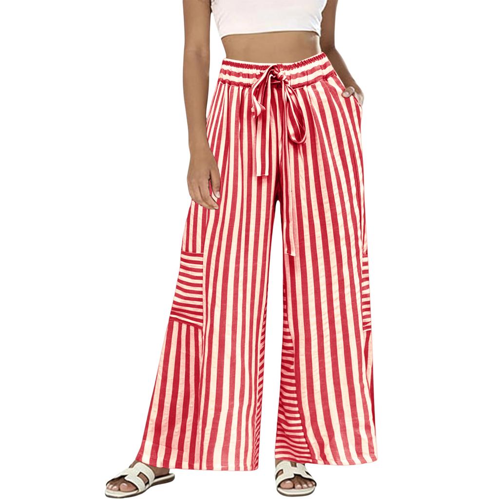 Women's Striped Loose Casual Comfortable High Waist Wide Leg Straight Drawstring Pocket Casual Pants