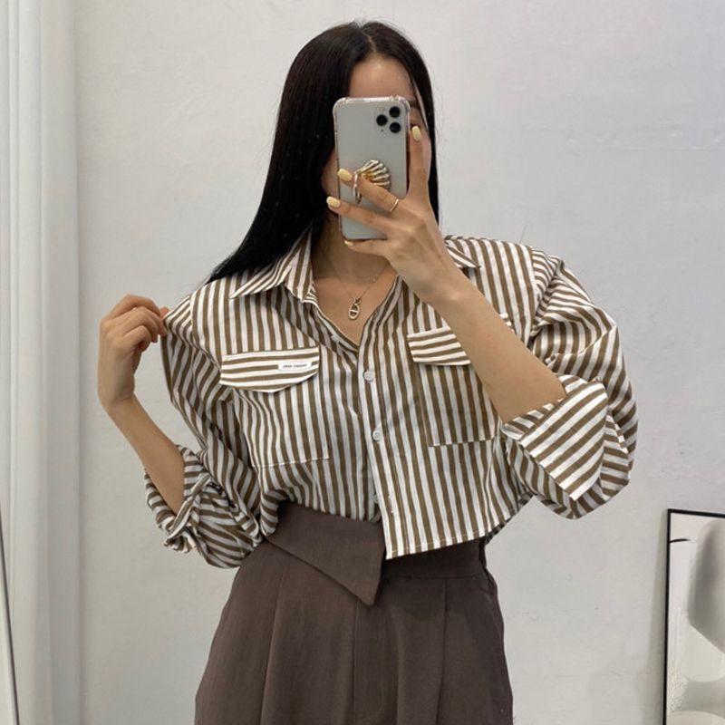 

2023 Korean Early Autumn Color Block Striped Long Sleeve Casual Shirt S кавовий