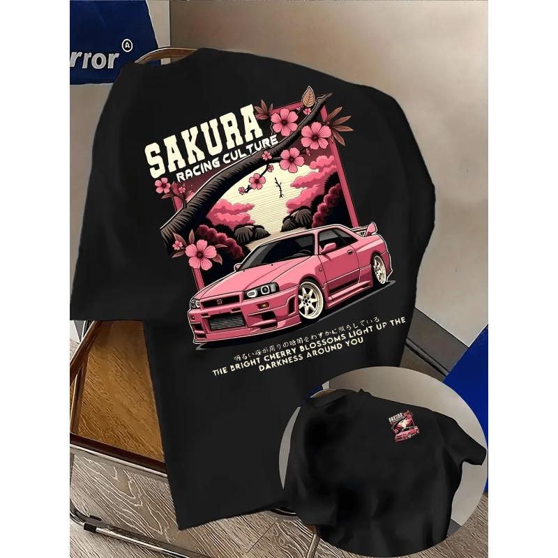 Men's Sakura Racing Culture Graphic T-Shirt - Retro Street Style, Soft and Breathable, Vibrant Print Design, Round Neck, Short Sleeve Summer Shirt