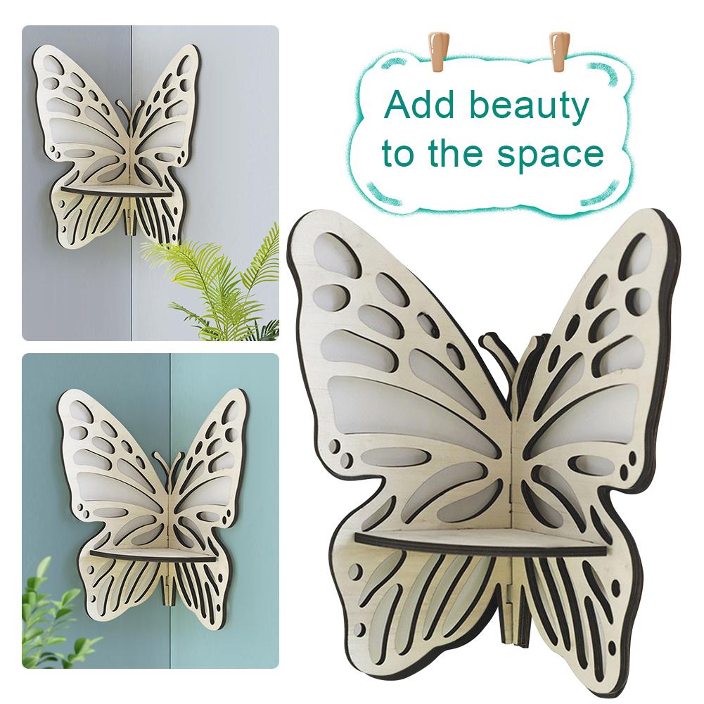 Butterfly Corner Shelf Wall Mounted Showcase Stand Wood Crystal Display Shelf Decorative Shelf for Bathroom Living Room Bedroom