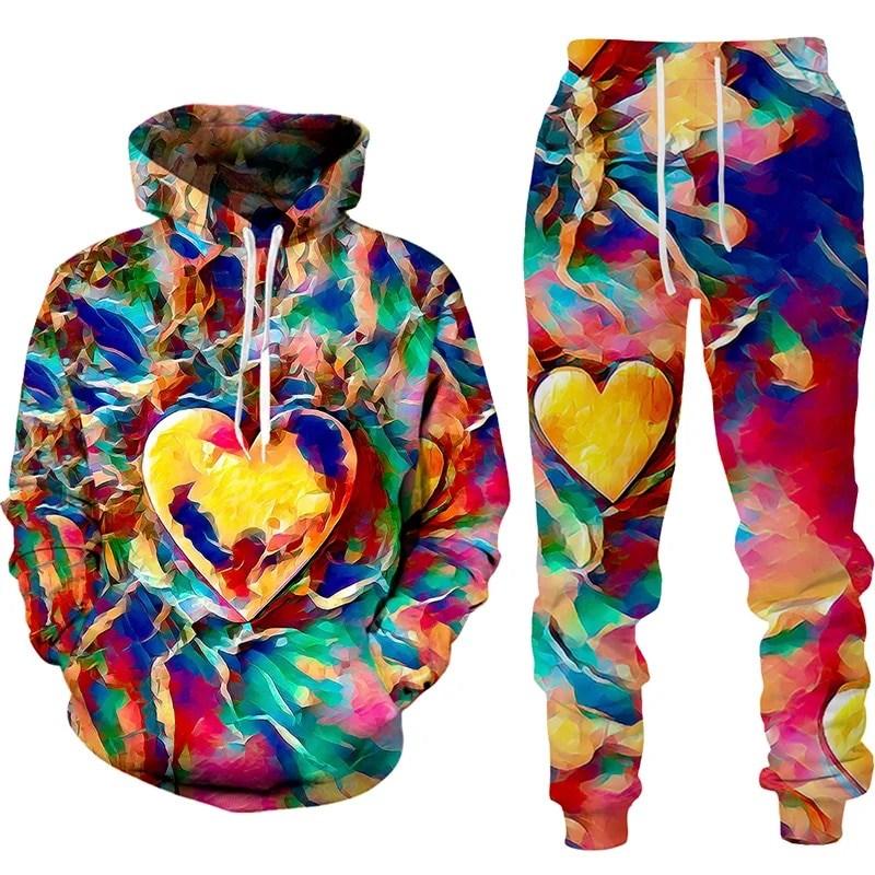 Men Hoodies 3D Print Sweet Love Heart Men Tracksuit Sets Fashion Casual Hoodie Pants Two Piece Set Men Sweatshirt Clothing Sets
