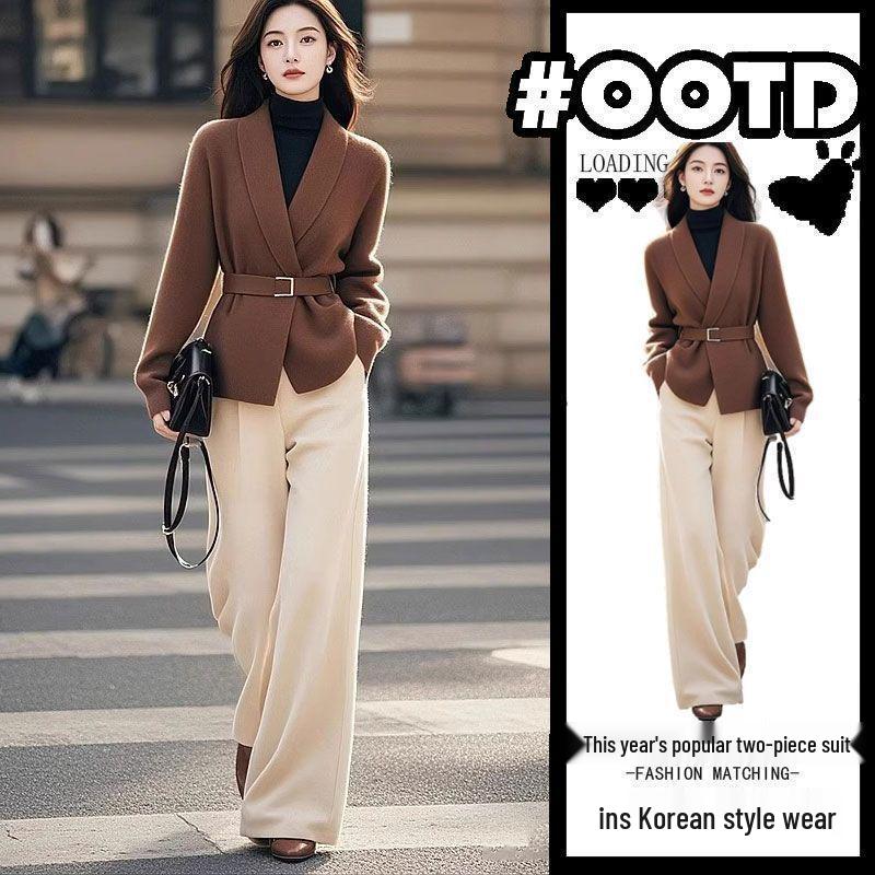 New 2026 Korean Style Professional Knit Two-Piece Set for Women - Spring/Autumn Outfit with Pants
