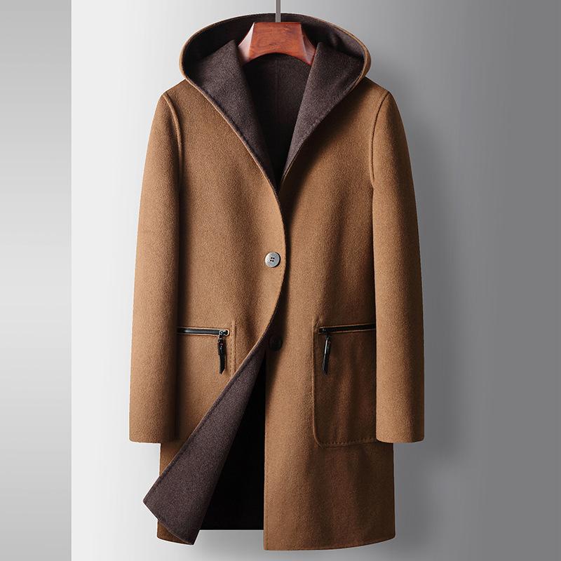 Cappotto Trench in Lana Medio-Lungo con Cappuccio Autunnale e Invernale Indossabile su Entrambi i Lati per Uomo di Mezza Età e Giovane Business Cappotto Casual Double-Face