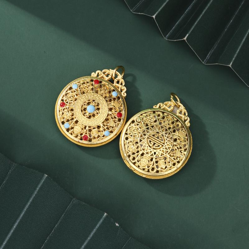 Ancient Gold Eight Treasures Compass Pendant Necklace - Five Blessings, DIY Beaded Style Accessory