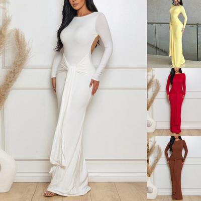 Cross-border European and American Style Autumn New Solid Color Long-sleeved Temperament Waist Backless Dress Women's Clothing
