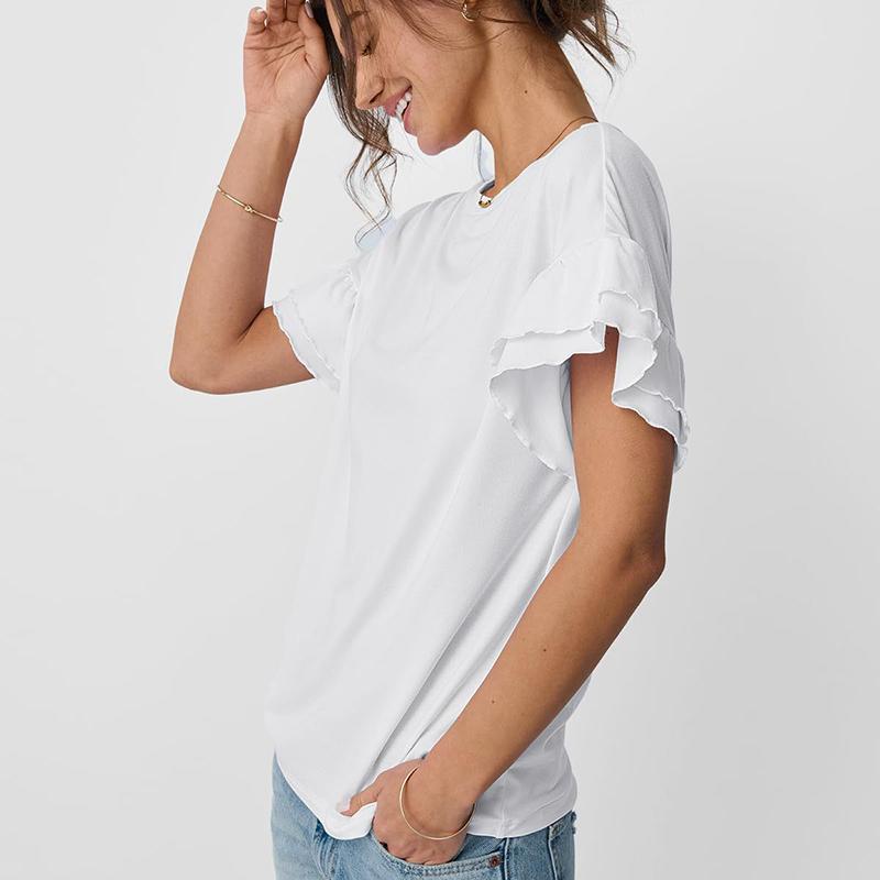 Damen Sommer Rüschen Kurzarm O-Ausschnitt Einfarbig Pullover T-Shirt Top