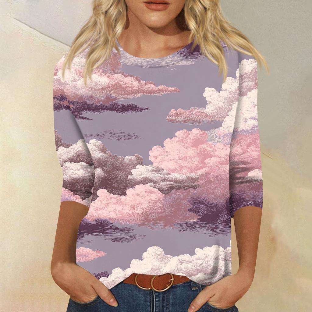 Women's Fashion Casual Round Neck Three-quarter Sleeve Gradient Print T-shirt Top