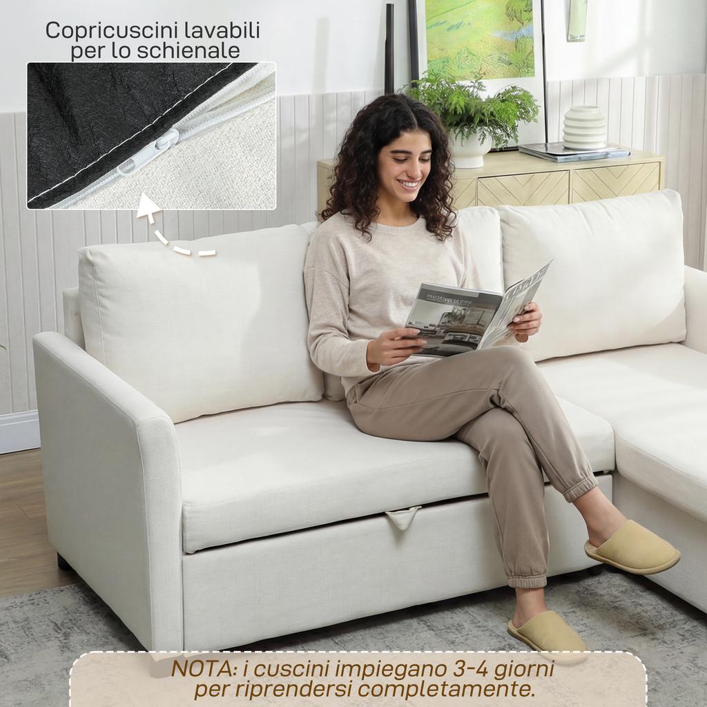 Corner Sofa Bed Linen Effect with Hidden Storage Compartment, 192x148x86 Cm, Cream White