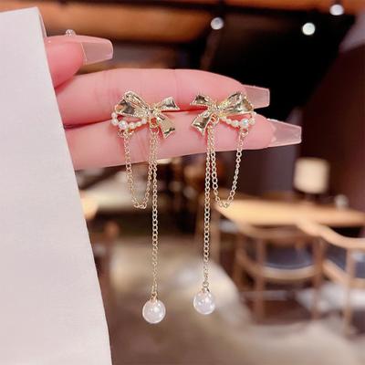 Yousheng 1 Pair Bowknot Shape Shining Rhinestones Lady Earrings Heart Imitation Pearls Tassel Dangle Earrings Jewelry Accessory