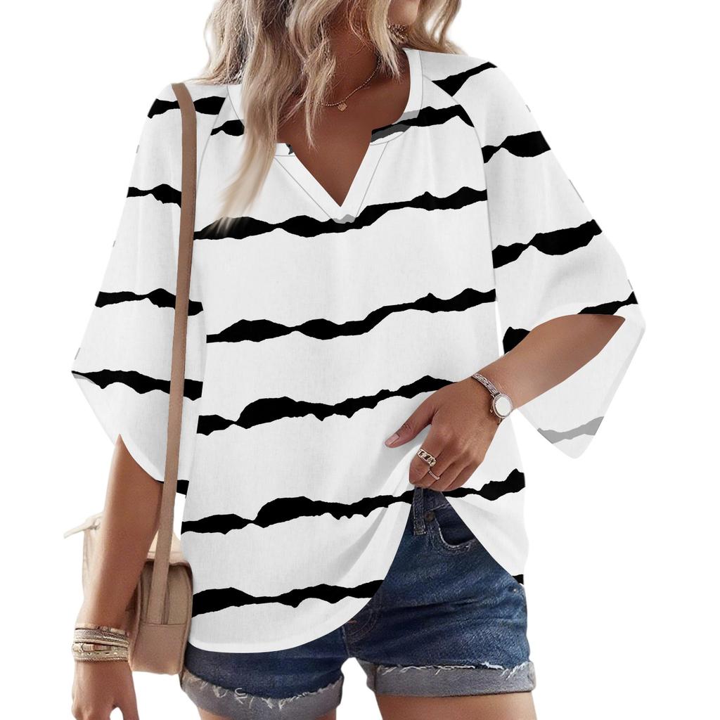 Women's 3/4 Sleeve V Floral Shirt Casual Loose Tunic Top