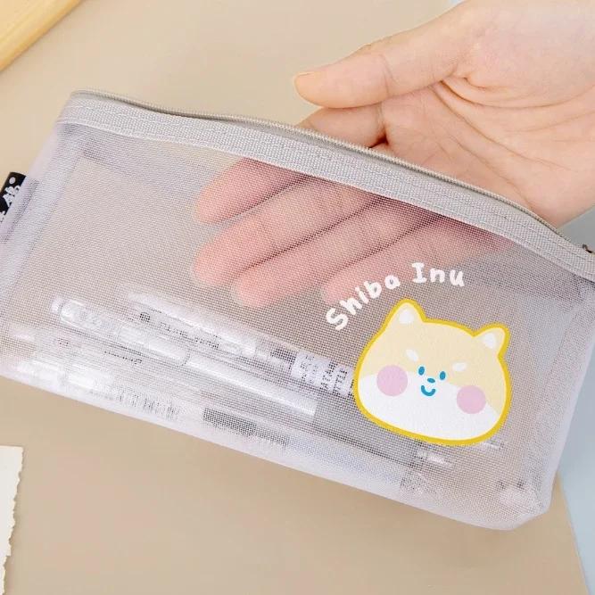 Cute Cartoon Mesh Pencil Case Large Capacity Transparent Stationery Storage Bag Cosmetic Organizer for Girls School Supplies