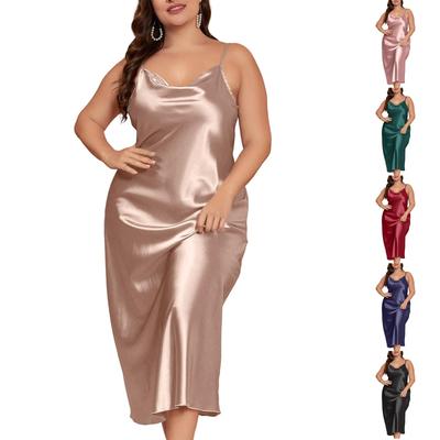 Damska Sukienka Satynowa Plus Size na Ramiączkach Regulowane Ramiączka V Dekolt Długość Midi Koszulka Nocna Bielizna Nocna Koszulka