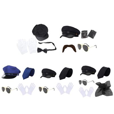 Chauffeur Costume Set Black Hat Sunglasses Gloves False Beard Limo Driver Costume Set for Driver Cosplay