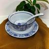 Retro Blue & White Porcelain Tableware Set: Tea Cup, Rice Bowl, Plate, Soup Spoon